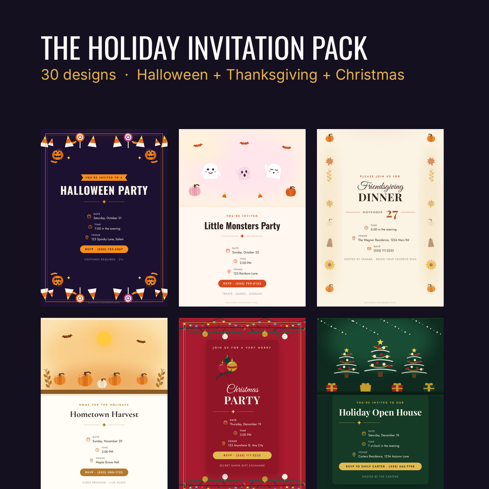 Holiday Invitation Pack &mdash; 30 Halloween, Thanksgiving and Christmas invitations