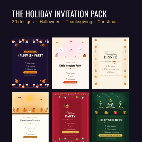 Holiday Invitation Pack — 30 Halloween, Thanksgiving and Christmas invitation designs