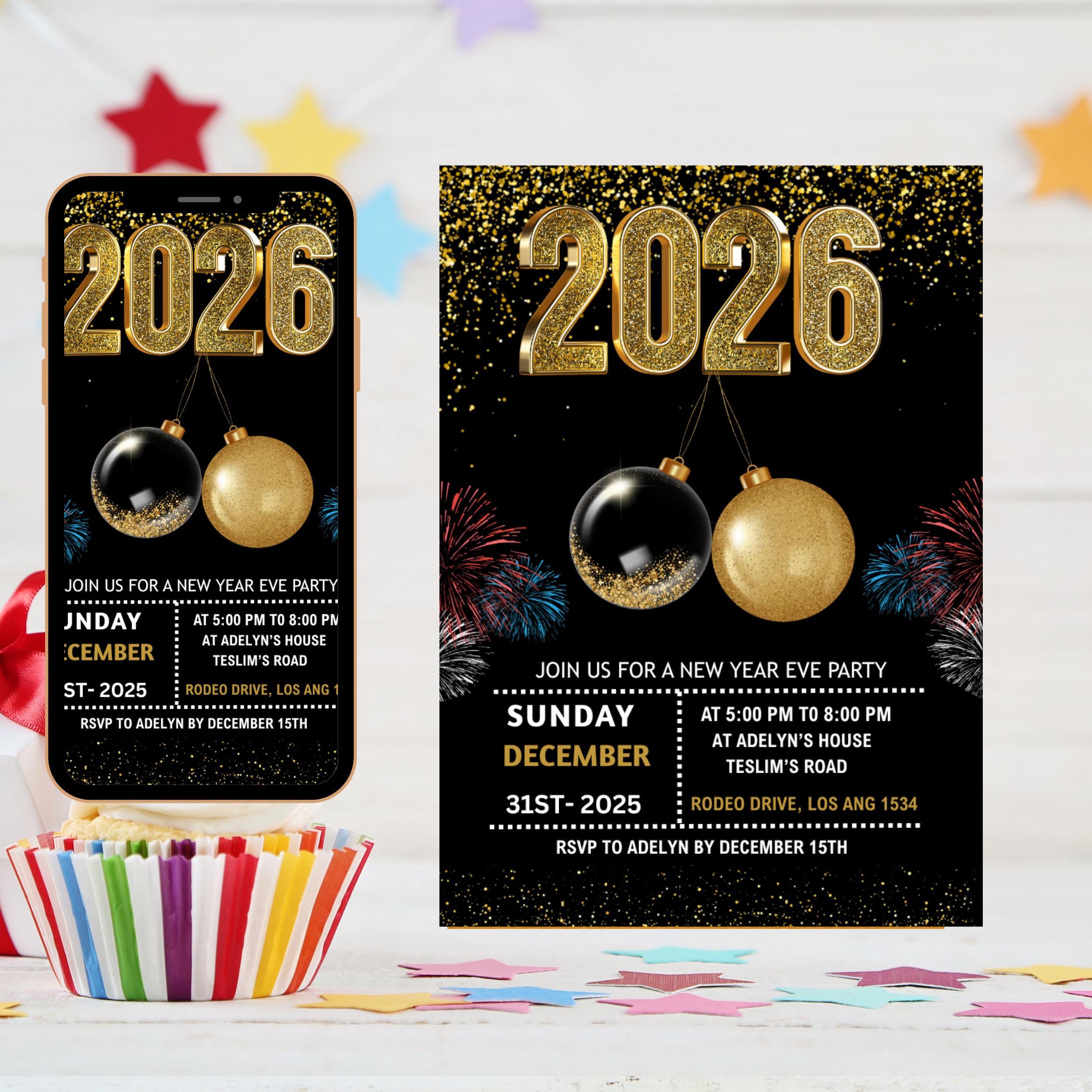 2026 New Year’s Eve Party Invite Editable, Gold Celebration New Year Digital Invitation, Black and Gold New Year Evite, Instant Download