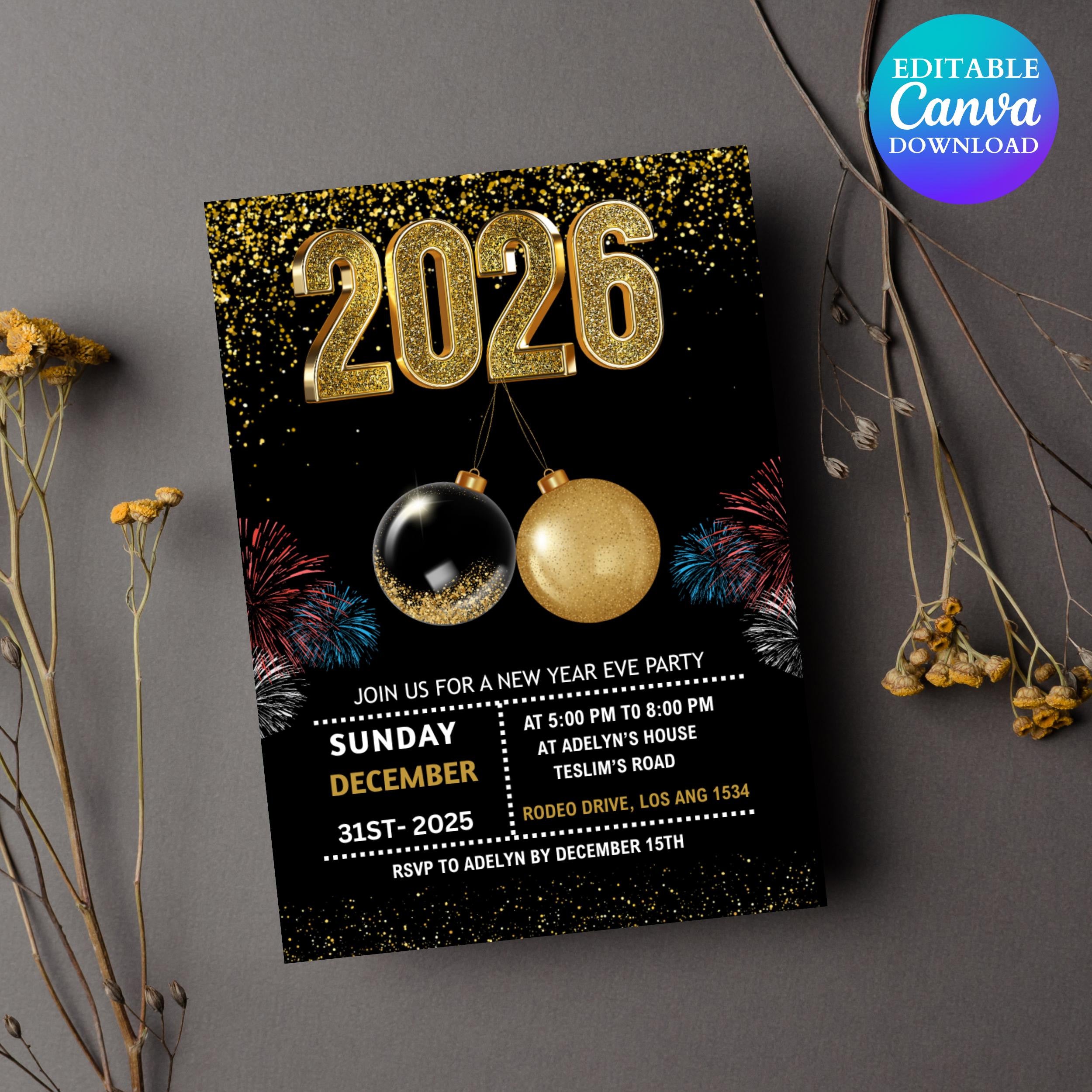2026 New Year’s Eve Party Invite Editable, Gold Celebration New Year Digital Invitation, Black and Gold New Year Evite, Instant Download