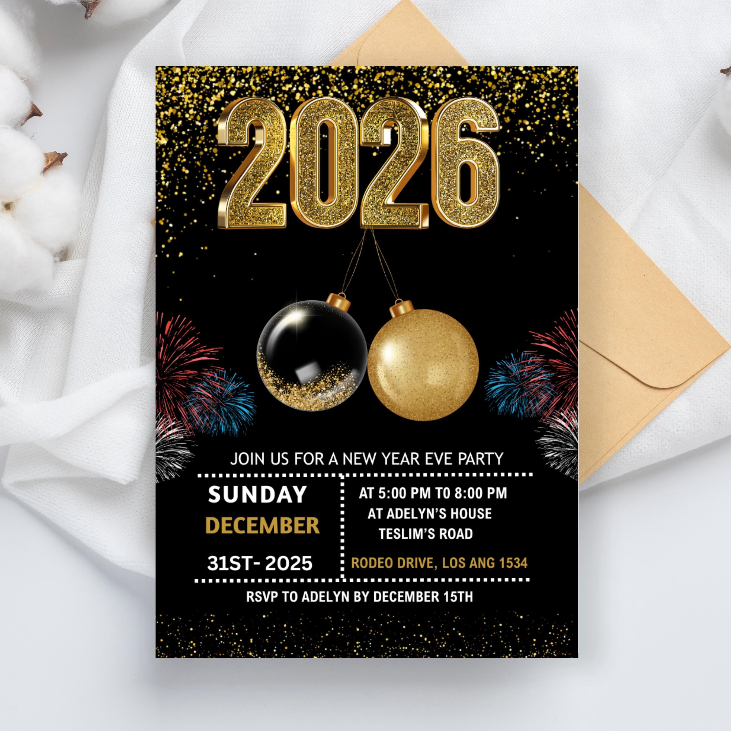 2026 New Year’s Eve Party Invite Editable, Gold Celebration New Year Digital Invitation, Black and Gold New Year Evite, Instant Download