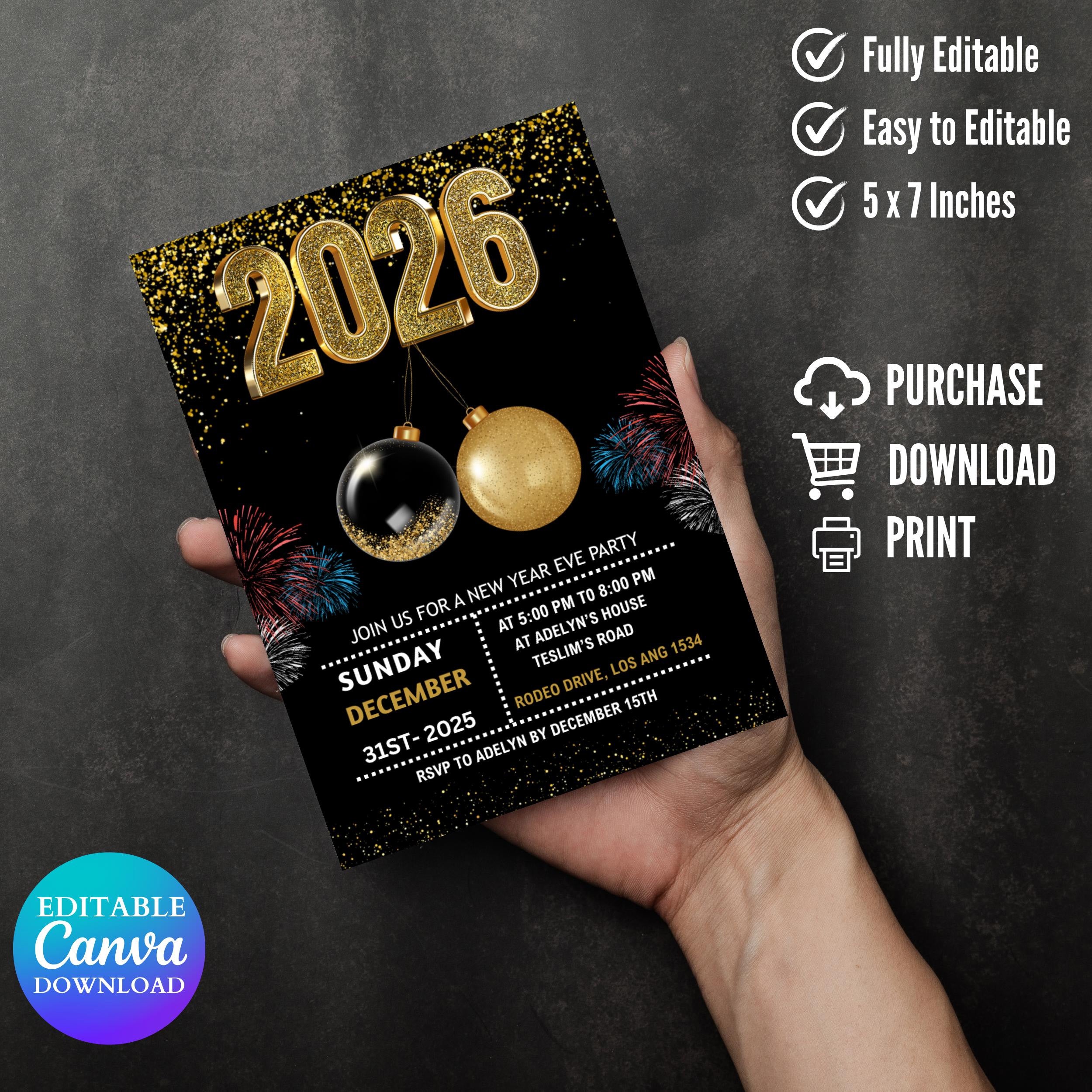 2026 New Year’s Eve Party Invite Editable, Gold Celebration New Year Digital Invitation, Black and Gold New Year Evite, Instant Download