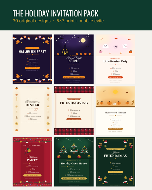 Holiday Invitation Pack — 30 Halloween, Thanksgiving and Christmas invitation designs