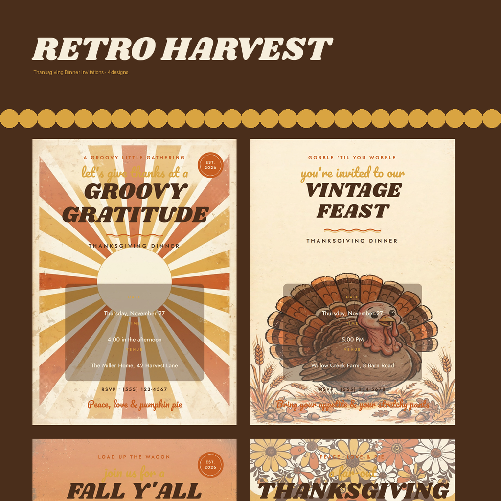 Retro Harvest Thanksgiving Dinner Invitations