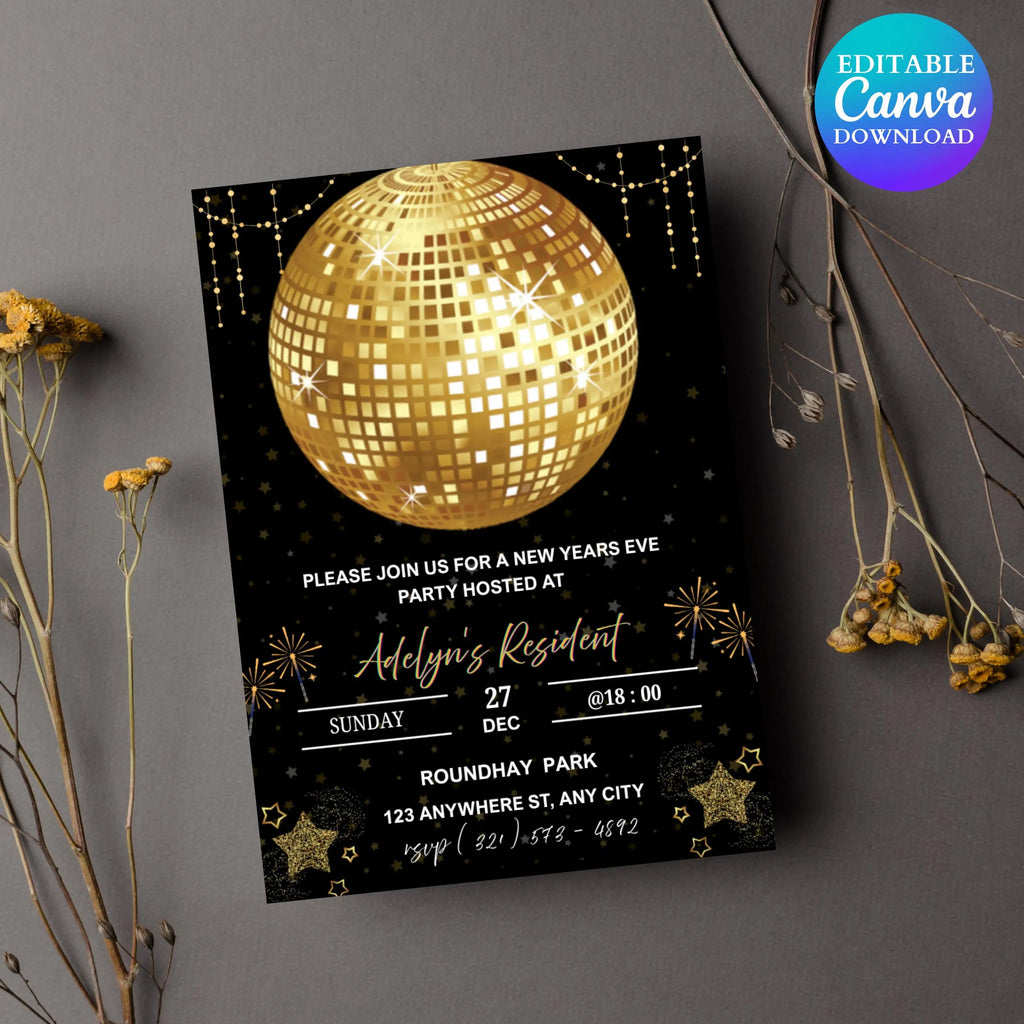 Boho Gold New Year's Eve Invitation, Cheers to the New Year Template with Disco Ball, Champagne, and Florals, Editable NYE Party invitation