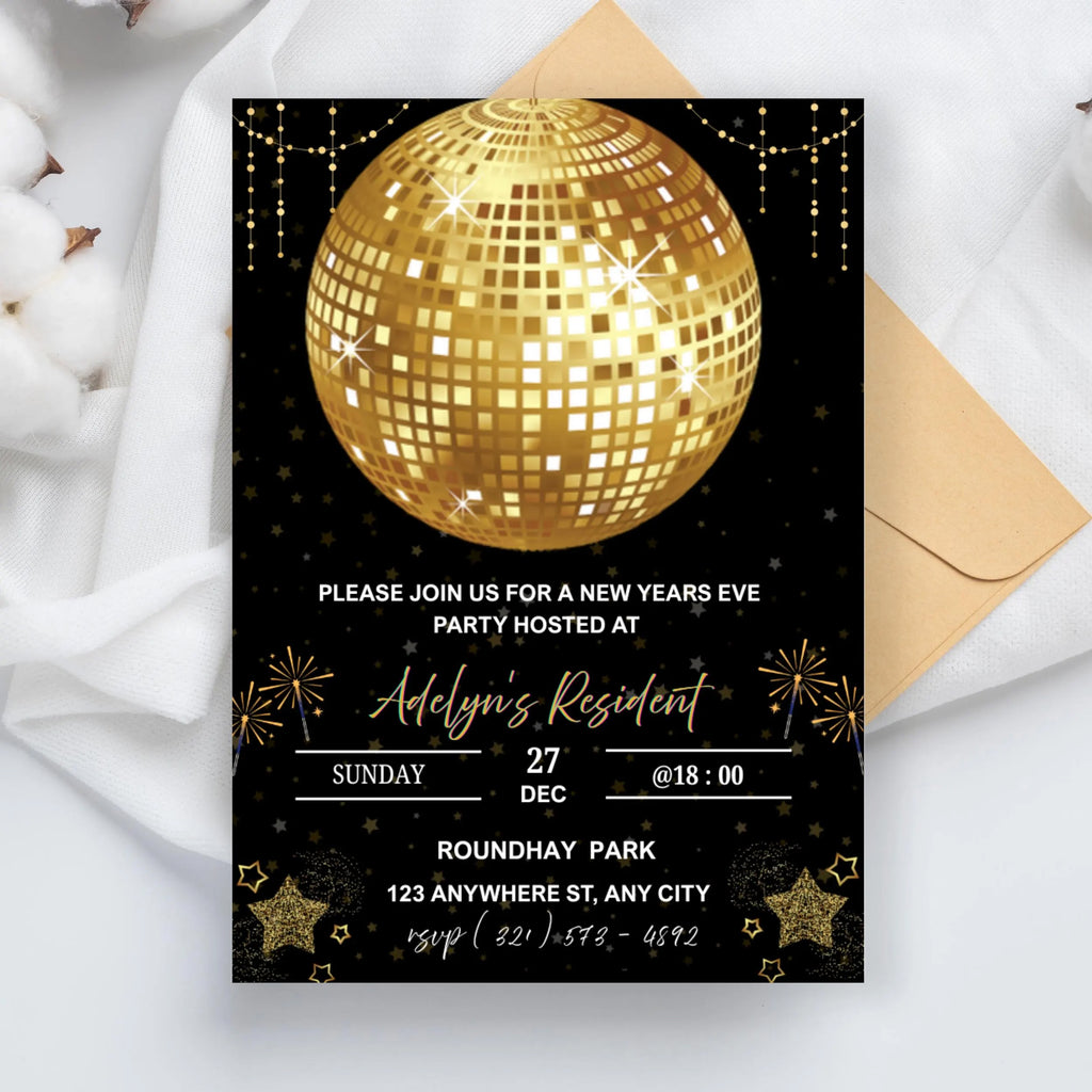 Boho Gold New Year's Eve Invitation, Cheers to the New Year Template with Disco Ball, Champagne, and Florals, Editable NYE Party invitation