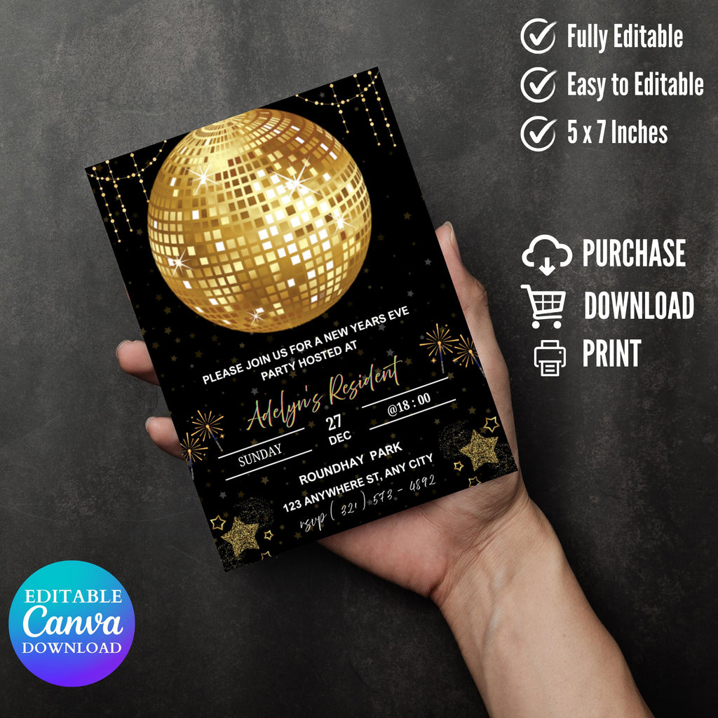 Boho Gold New Year's Eve Invitation, Cheers to the New Year Template with Disco Ball, Champagne, and Florals, Editable NYE Party invitation