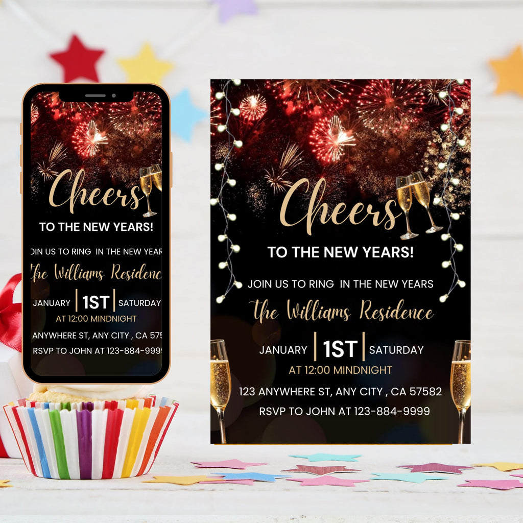 Editable New Years Eve Party Invitation, Cheers To The New Year Invitation Template, New Years Eve Invite, New Year Party Evite, 2026 party