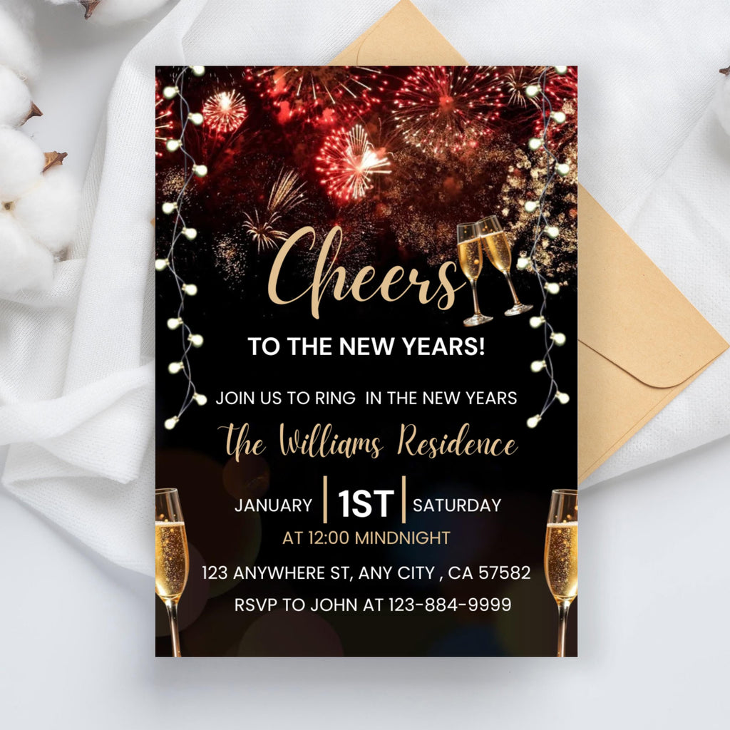 Editable New Years Eve Party Invitation, Cheers To The New Year Invitation Template, New Years Eve Invite, New Year Party Evite, 2026 party