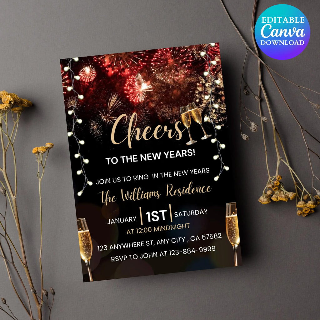 Editable New Years Eve Party Invitation, Cheers To The New Year Invitation Template, New Years Eve Invite, New Year Party Evite, 2026 party