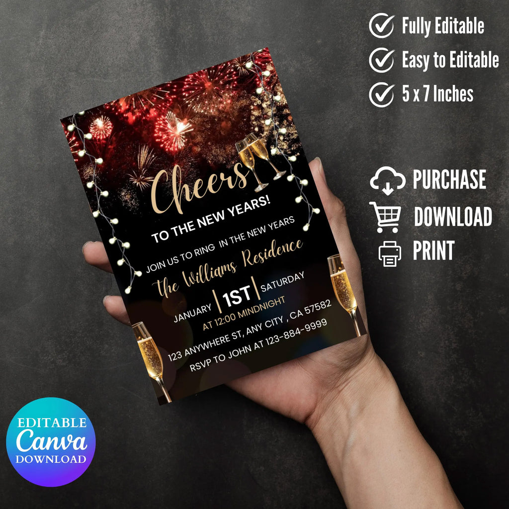 Editable New Years Eve Party Invitation, Cheers To The New Year Invitation Template, New Years Eve Invite, New Year Party Evite, 2026 party