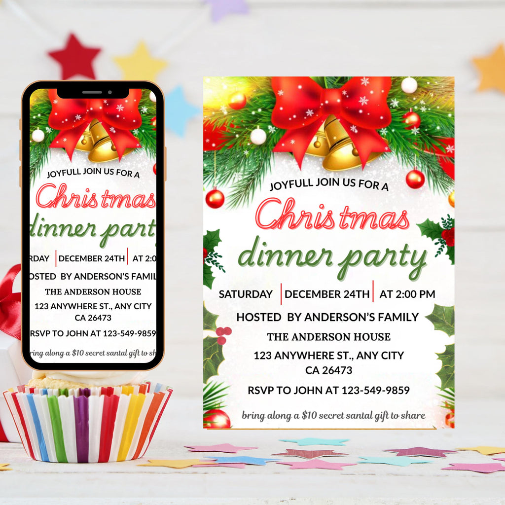 Christmas Dinner Invitation, Holiday Party Invitation, Christmas Invitation, Christmas Party, Digital Download, Editable Canva Template