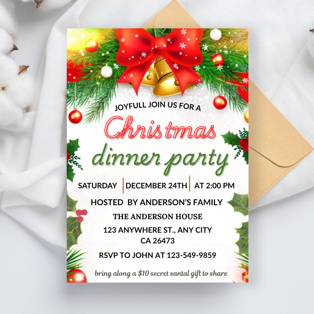 Christmas Dinner Invitation, Holiday Party Invitation, Christmas Invitation, Christmas Party, Digital Download, Editable Canva Template