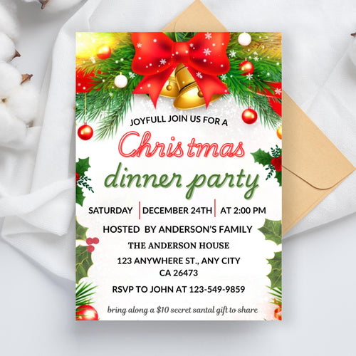 Christmas Dinner Invitation, Holiday Party Invitation, Christmas Invitation, Christmas Party, Digital Download, Editable Canva Template