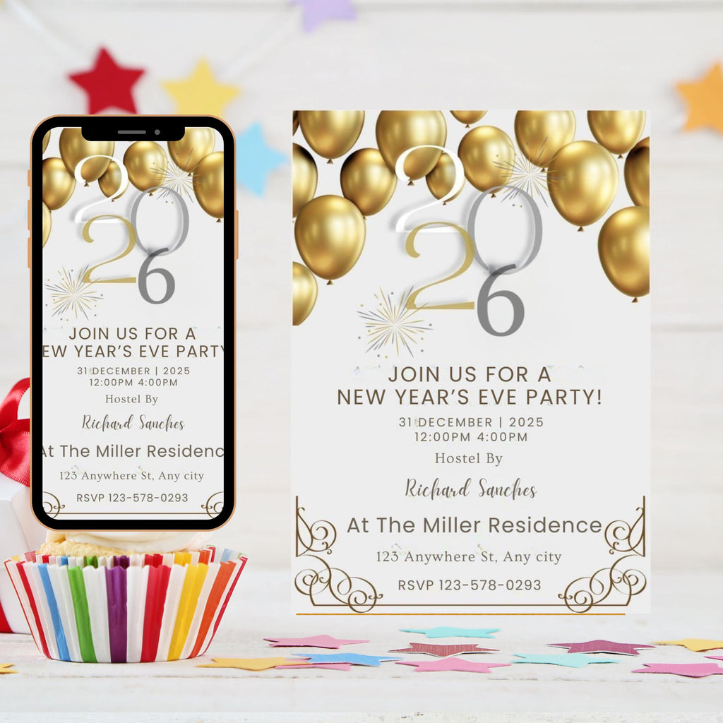 New Years Eve Invitation, New Year's Party Invite Template, Digital NYE Editable Card, Black Silver Gold Balloons Decor, Printable invite