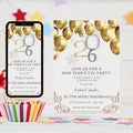 New Years Eve Invitation, New Year's Party Invite Template, Digital NYE Editable Card, Black Silver Gold Balloons Decor, Printable invite