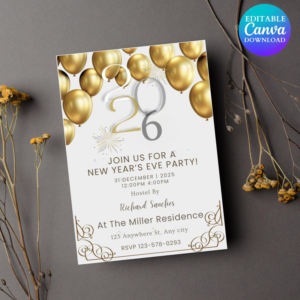 New Years Eve Invitation, New Year's Party Invite Template, Digital NYE Editable Card, Black Silver Gold Balloons Decor, Printable invite