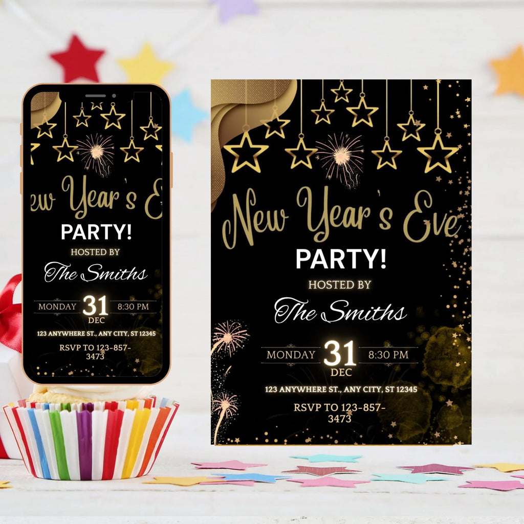 New Year’s Eve Party Invite Editable, Gold Celebration New Year Digital Invitation, Black and Gold New Year Evite, Instant Download invite