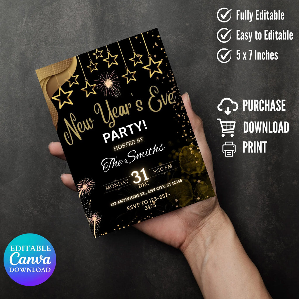 New Year’s Eve Party Invite Editable, Gold Celebration New Year Digital Invitation, Black and Gold New Year Evite, Instant Download invite