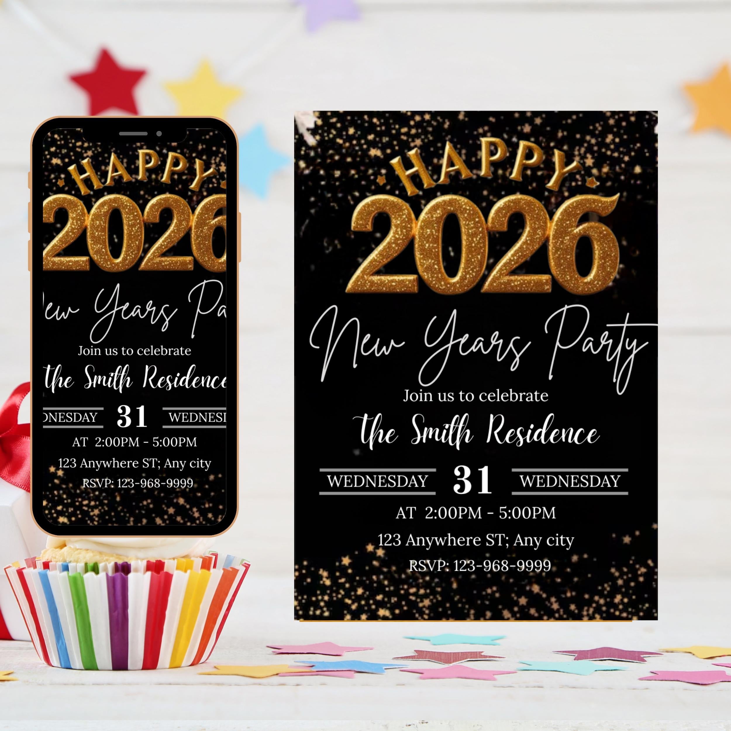 2026 New Year’s Eve Party Invite Editable, Gold Celebration New Year Digital Invitation, Black and Gold New Year Evite, Instant Download