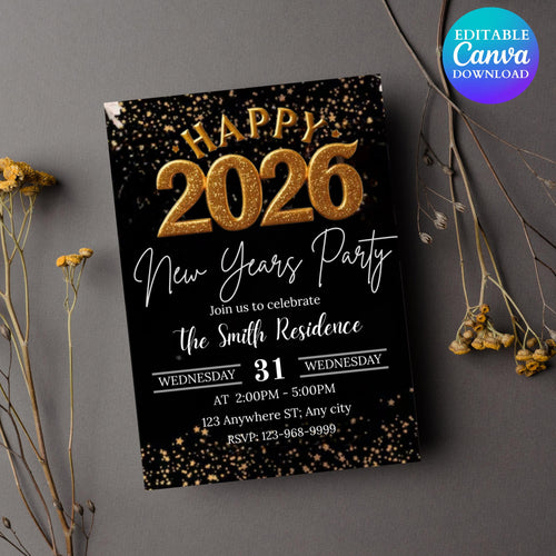 2026 New Year’s Eve Party Invite Editable, Gold Celebration New Year Digital Invitation, Black and Gold New Year Evite, Instant Download