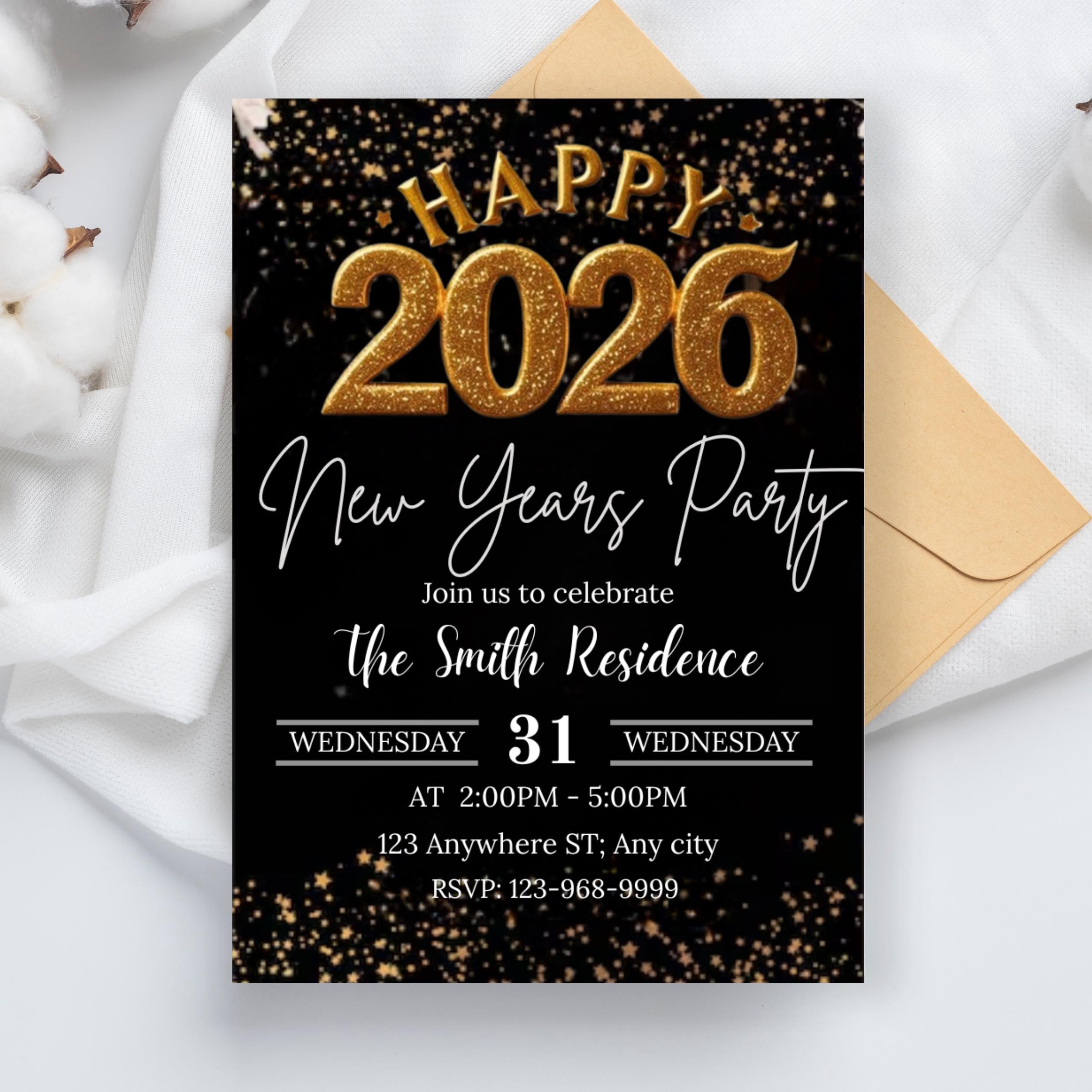 2026 New Year’s Eve Party Invite Editable, Gold Celebration New Year Digital Invitation, Black and Gold New Year Evite, Instant Download