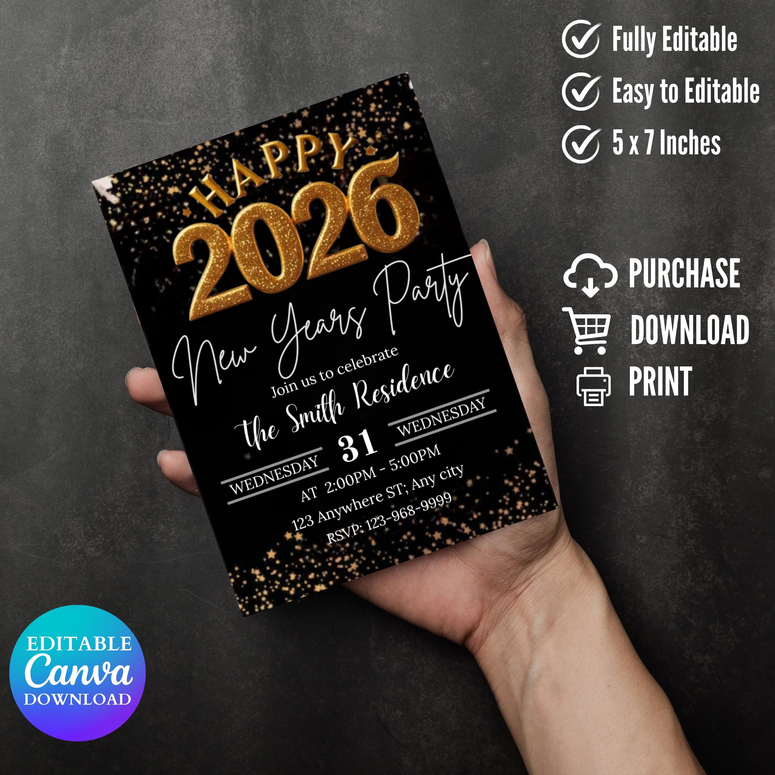 2026 New Year’s Eve Party Invite Editable, Gold Celebration New Year Digital Invitation, Black and Gold New Year Evite, Instant Download
