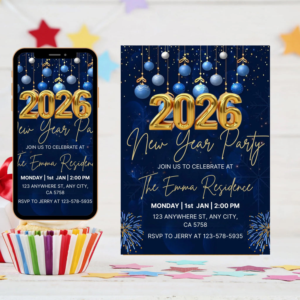 Editable New Years Eve Party Invitation. 2026 New Year’s Party Invite. Gold Glitter New Year Invite. NYE Party. New Years Eve Evite.