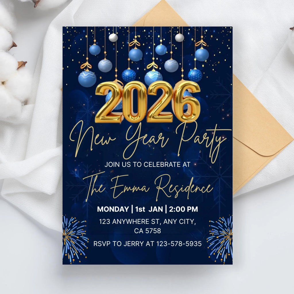 Editable New Years Eve Party Invitation. 2026 New Year’s Party Invite. Gold Glitter New Year Invite. NYE Party. New Years Eve Evite.
