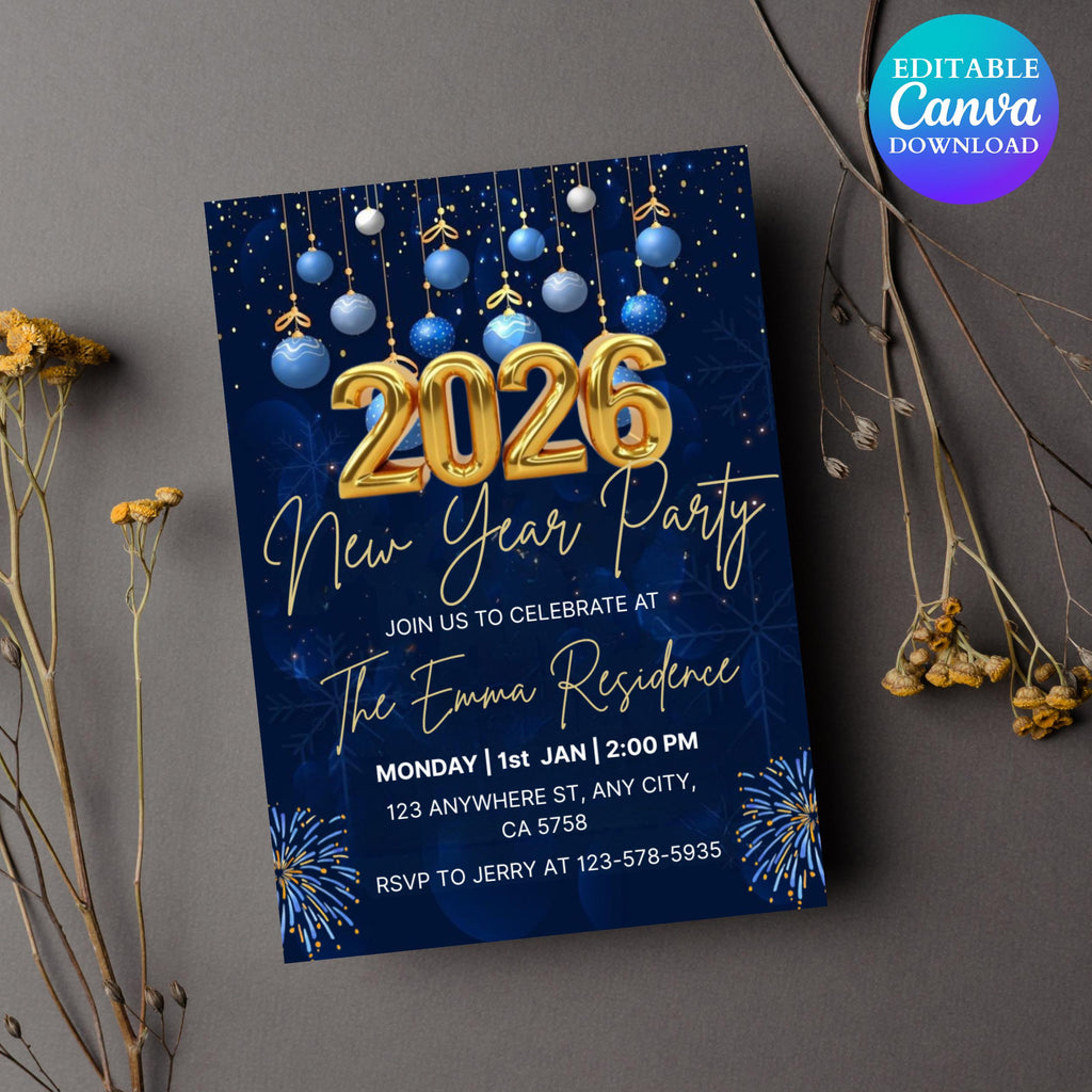 Editable New Years Eve Party Invitation. 2026 New Year’s Party Invite. Gold Glitter New Year Invite. NYE Party. New Years Eve Evite.