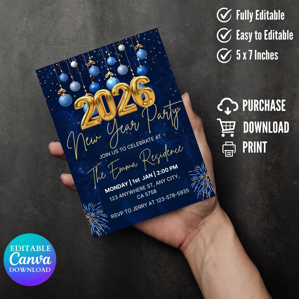Editable New Years Eve Party Invitation. 2026 New Year’s Party Invite. Gold Glitter New Year Invite. NYE Party. New Years Eve Evite.