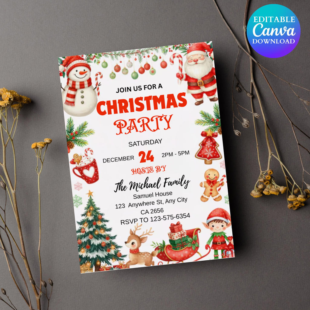 Christmas party Invitation, Holiday Party Invitation, Christmas Invitation, Christmas Party evite, Digital Download, Editable Canva Template