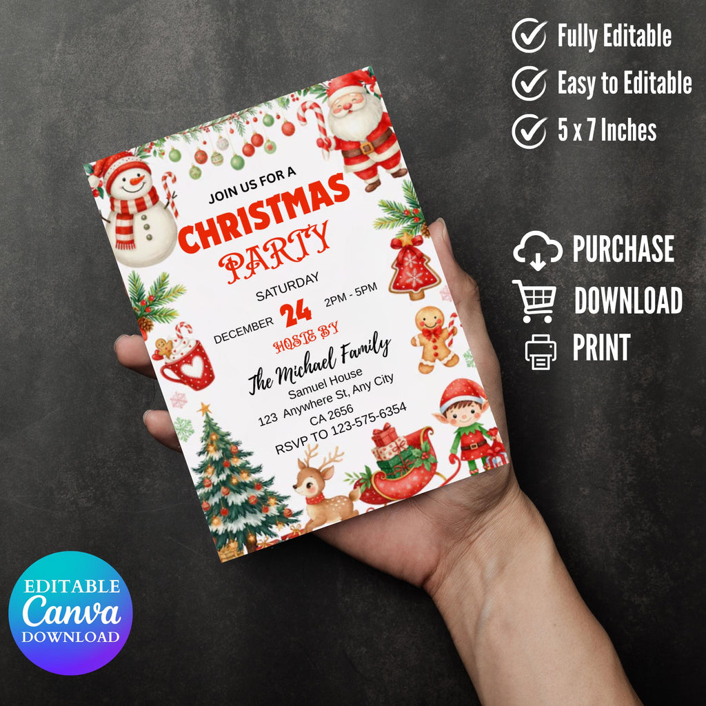 Christmas party Invitation, Holiday Party Invitation, Christmas Invitation, Christmas Party evite, Digital Download, Editable Canva Template