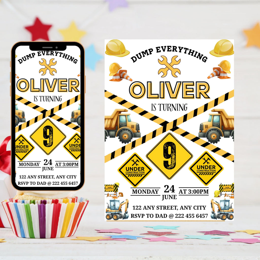 Kidd's Construction Birthday Digital Invitation, EDITABLE Dump Trucks Party Mobile Invite, Outdoor Birthday Text Message, Excavator Invite
