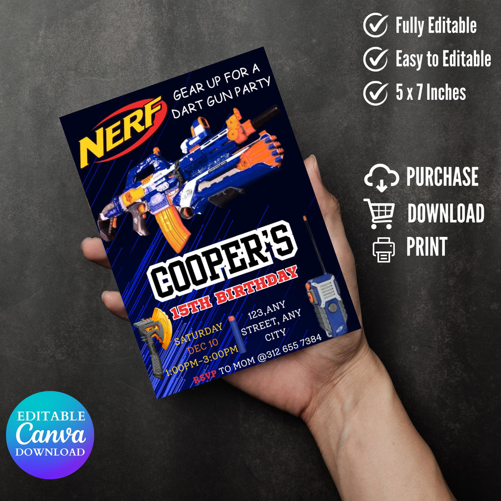 Kids Editable Nerf Birthday Invitation Template, Printable Birthday Nerf Party Invitations, Digital Kids Party Invite Template, canva evite