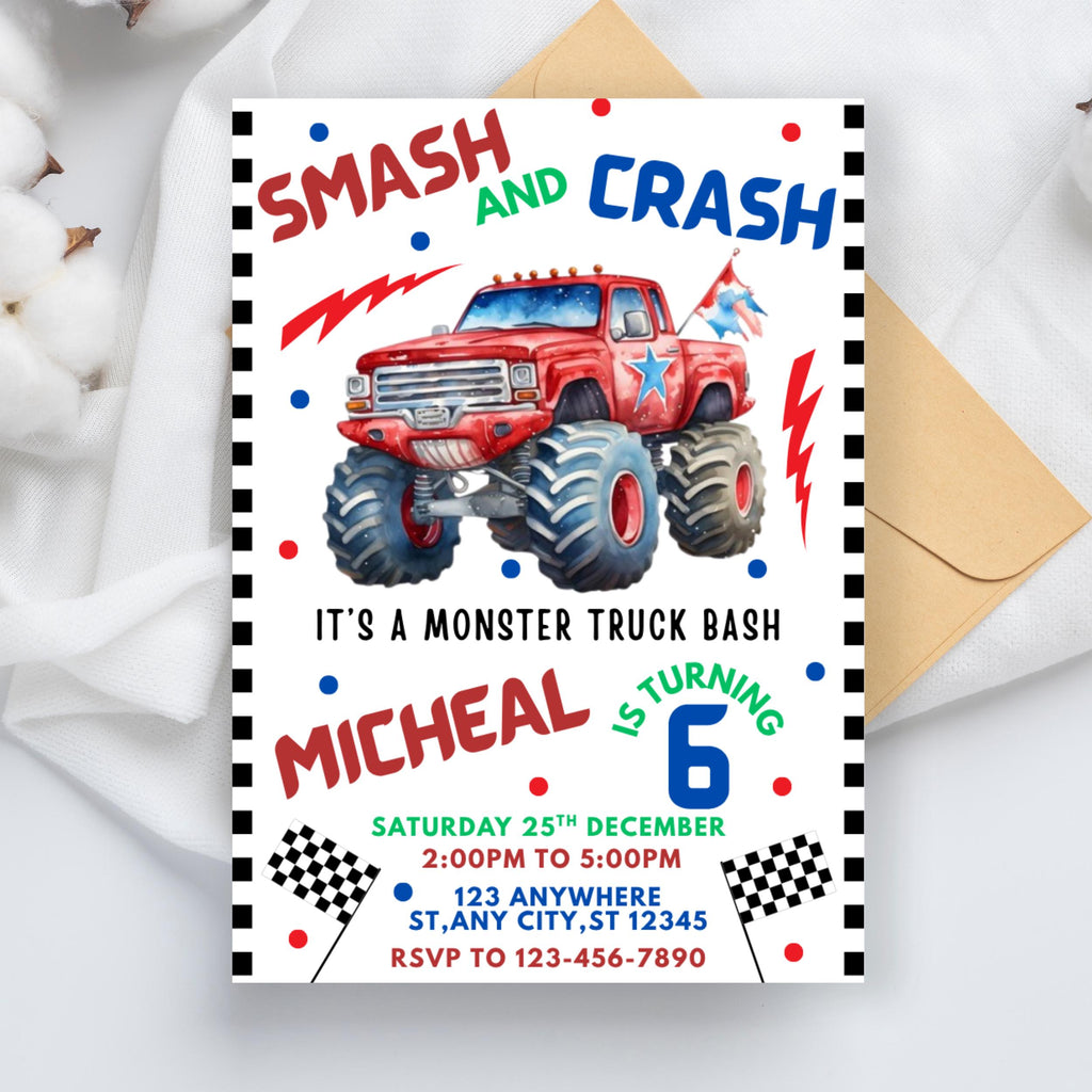Monster Truck Birthday Invitation: Boom Crash Party (Digital Template 5x7" Canva Link)