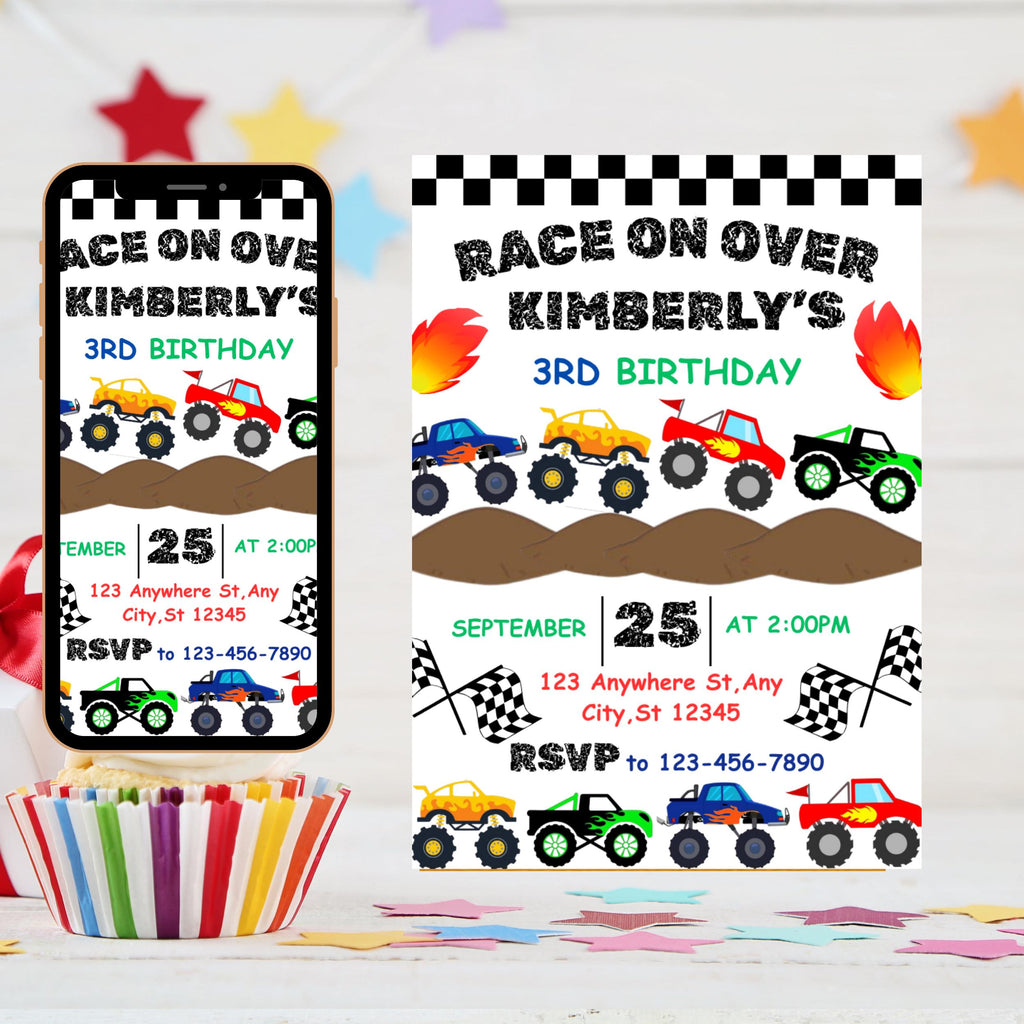 Monster Truck Birthday Invitation: Editable Canva Template, Thank You Card (Digital Download)