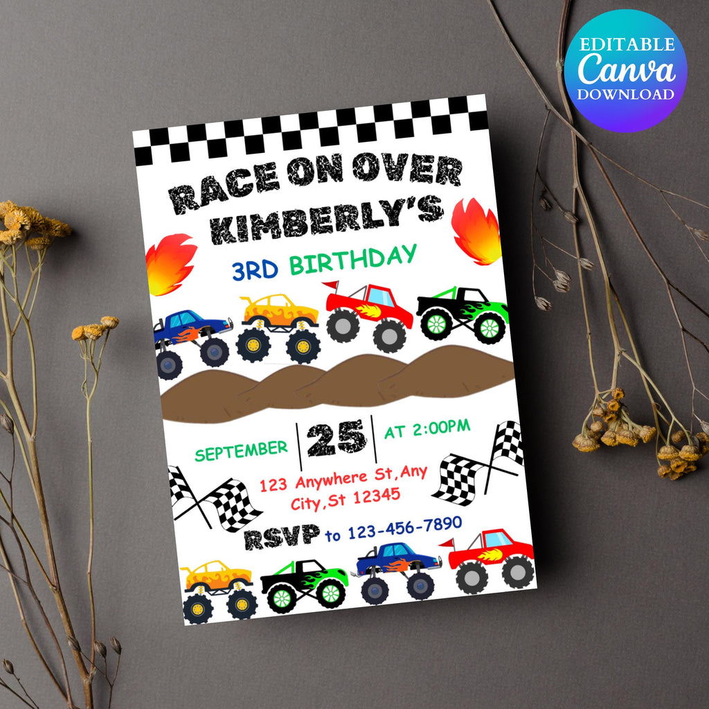 Monster Truck Birthday Invitation: Editable Canva Template, Thank You Card (Digital Download)
