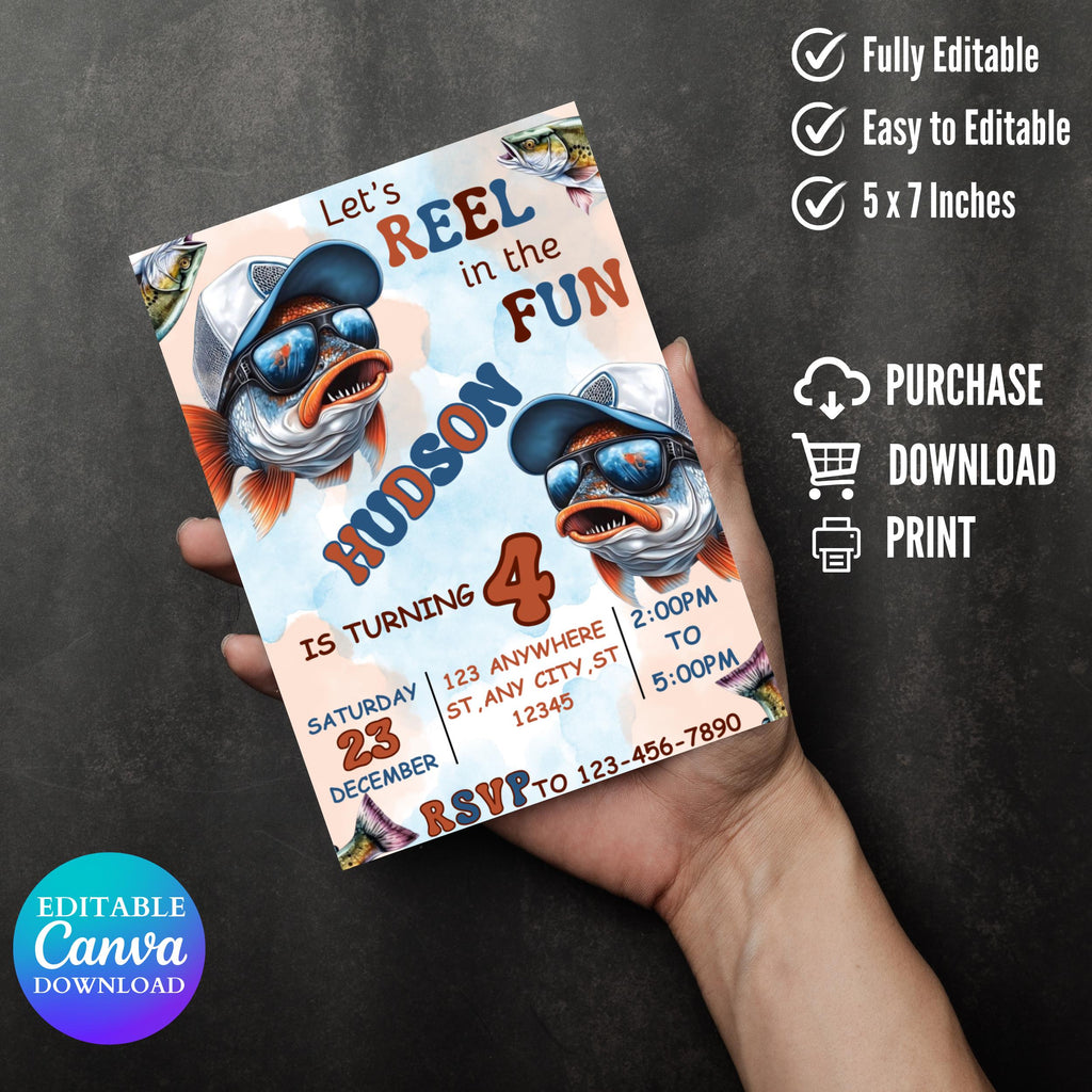 Editable Fishing Birthday Invitation Template, Fishing Birthday Invite, Fishing invitation, Reel in the Fun, Boy Birthday, Instant Download
