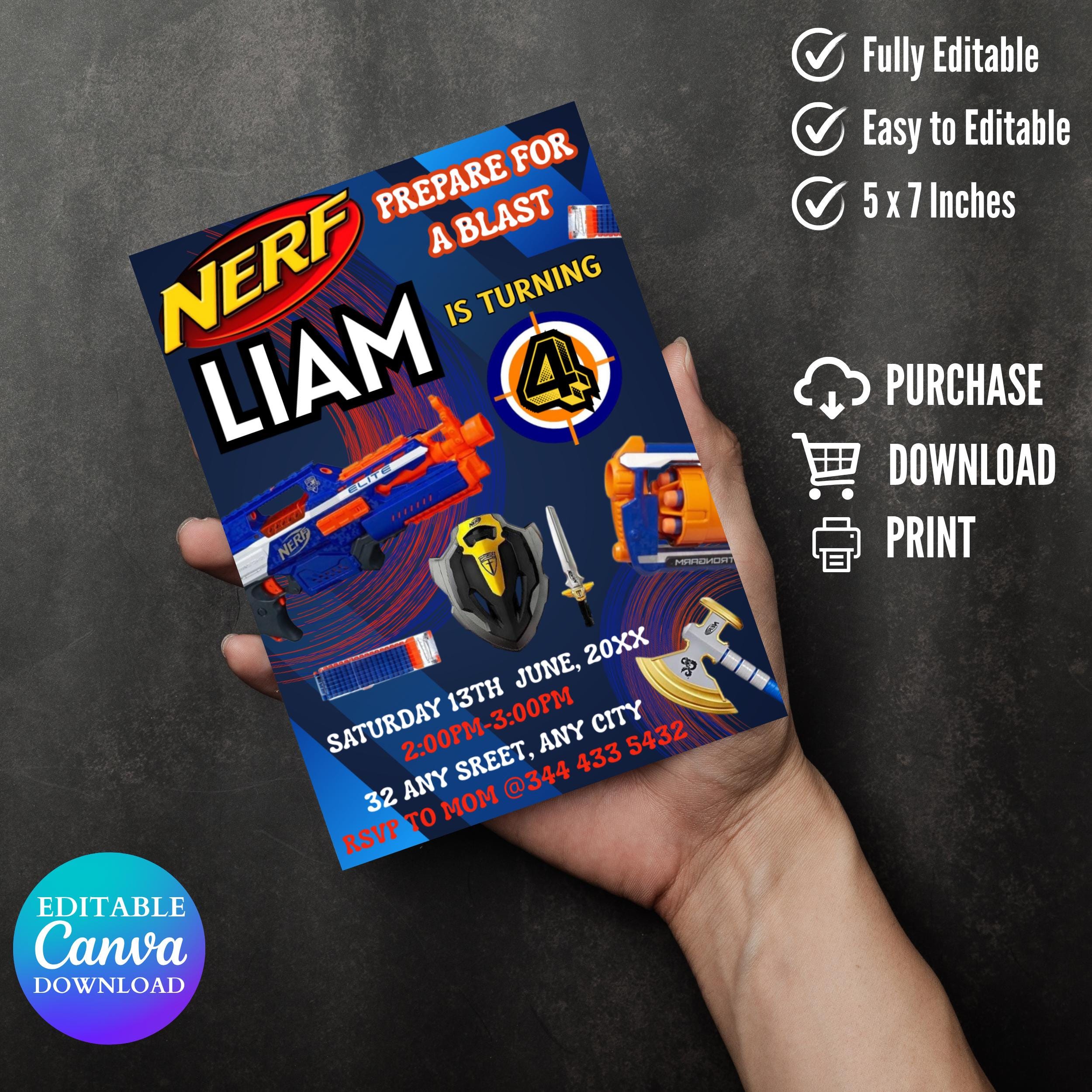 Editable Nerf Birthday Invitation Template: Printable Kids Party Invite (Canva Edit, 5x7in Digital Download