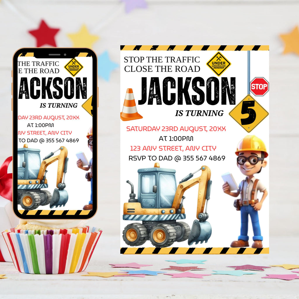 Construction Invitation, Construction Birthday Invitations, Dump Truck Party Invite, Printable Template, Editable Canva invitation templates