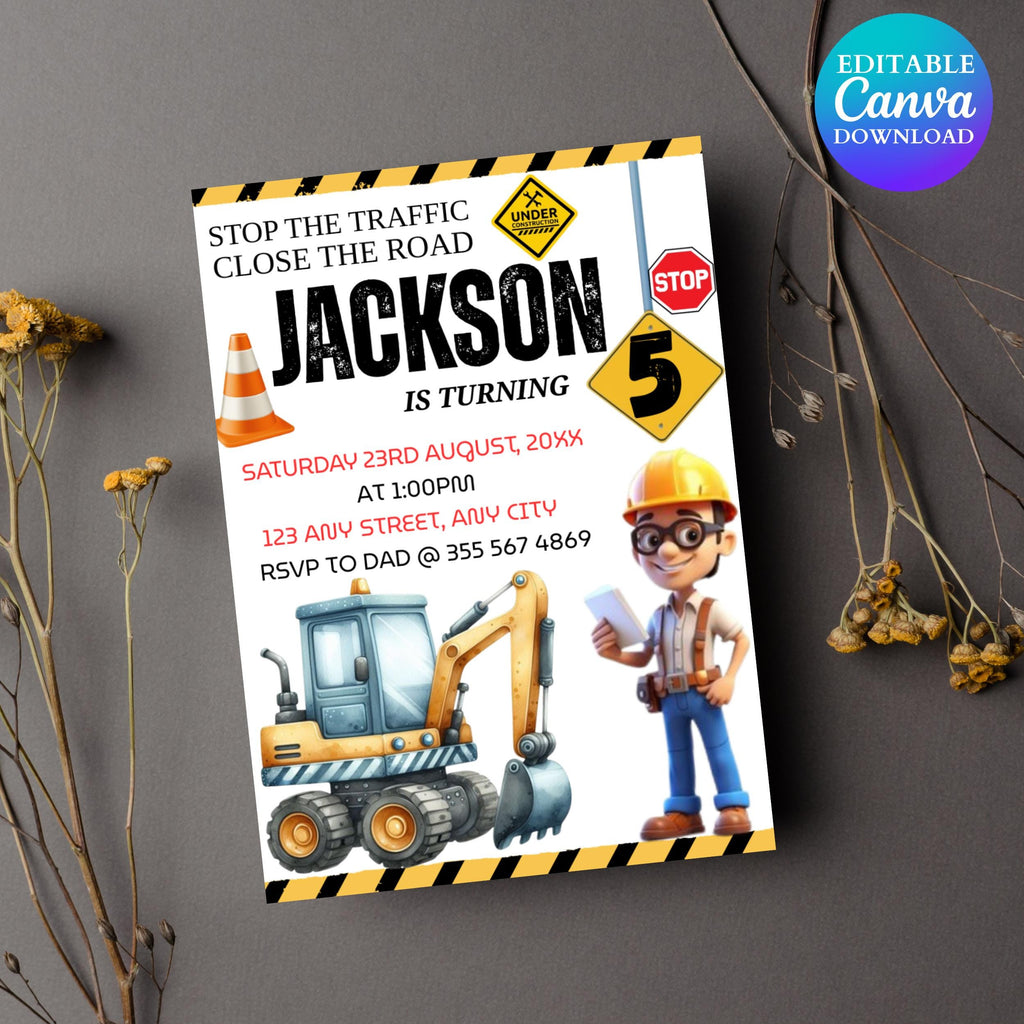 Construction Invitation, Construction Birthday Invitations, Dump Truck Party Invite, Printable Template, Editable Canva invitation templates