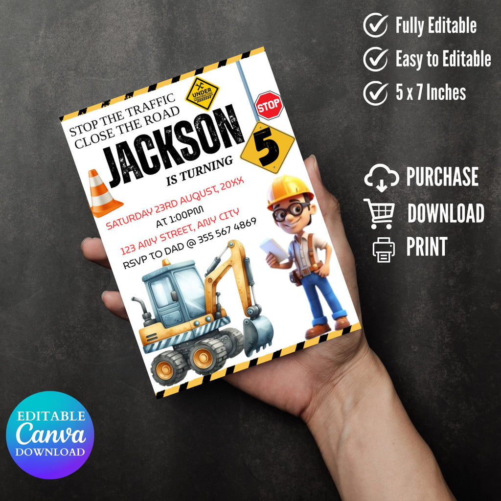 Construction Invitation, Construction Birthday Invitations, Dump Truck Party Invite, Printable Template, Editable Canva invitation templates