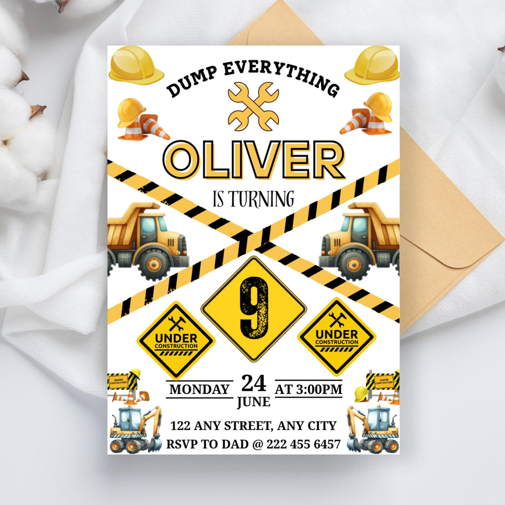Kidd's Construction Birthday Digital Invitation, EDITABLE Dump Trucks Party Mobile Invite, Outdoor Birthday Text Message, Excavator Invite