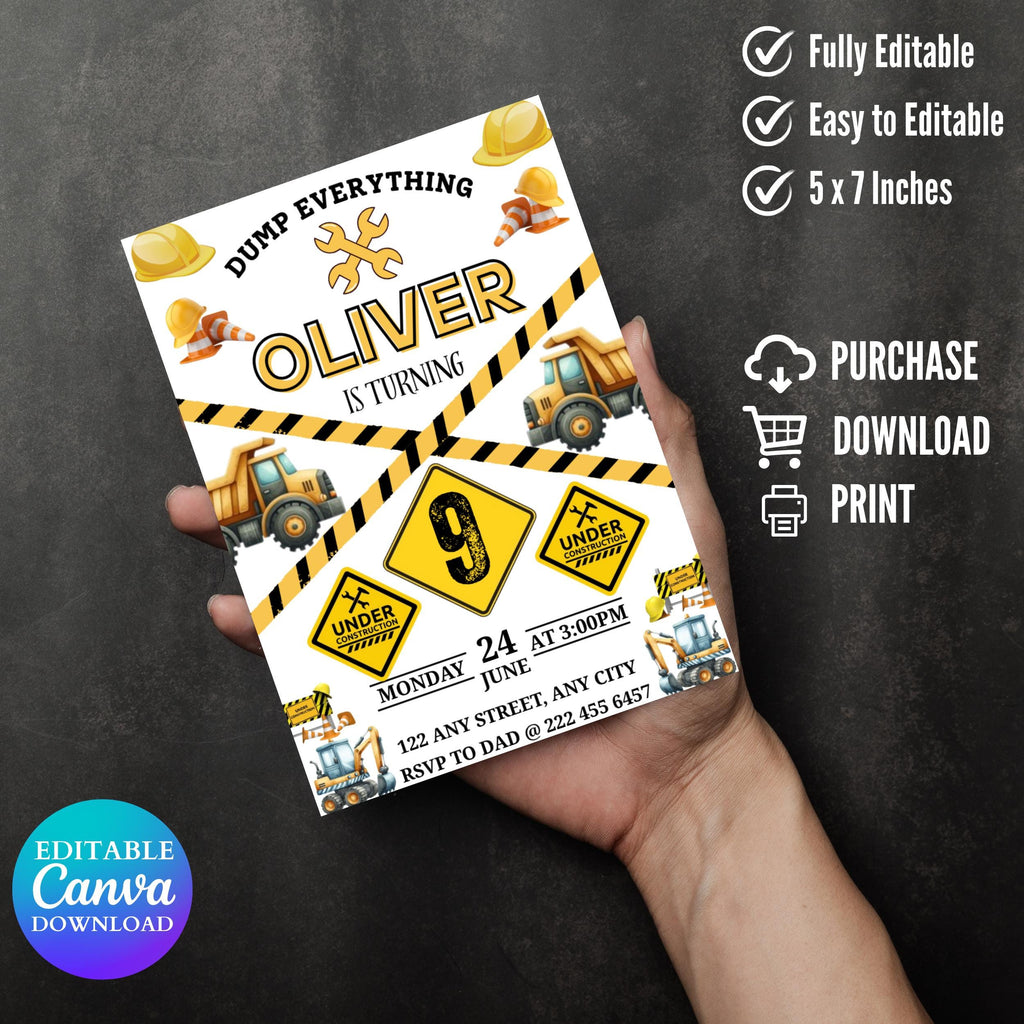 Kidd's Construction Birthday Digital Invitation, EDITABLE Dump Trucks Party Mobile Invite, Outdoor Birthday Text Message, Excavator Invite