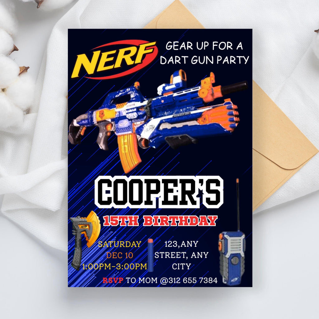 Kids Editable Nerf Birthday Invitation Template, Printable Birthday Nerf Party Invitations, Digital Kids Party Invite Template, canva evite