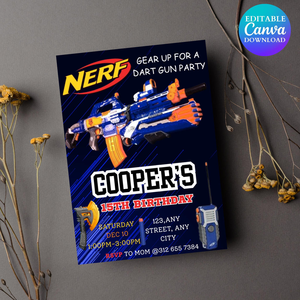 Kids Editable Nerf Birthday Invitation Template, Printable Birthday Nerf Party Invitations, Digital Kids Party Invite Template, canva evite