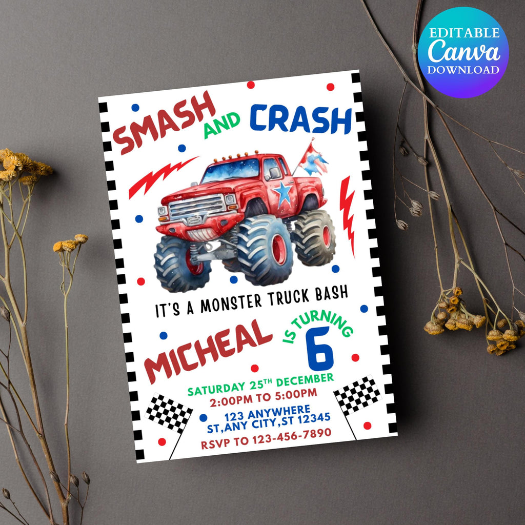 Monster Truck Birthday Invitation: Boom Crash Party (Digital Template 5x7" Canva Link)