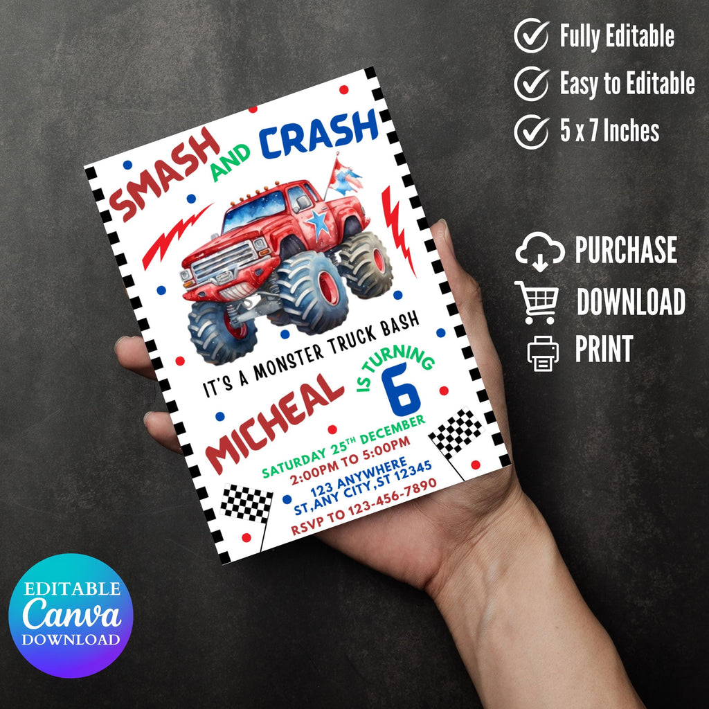 Monster Truck Birthday Invitation: Boom Crash Party (Digital Template 5x7" Canva Link)