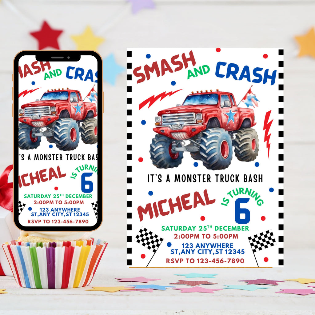 Monster Truck Birthday Invitation: Boom Crash Party (Digital Template 5x7" Canva Link)